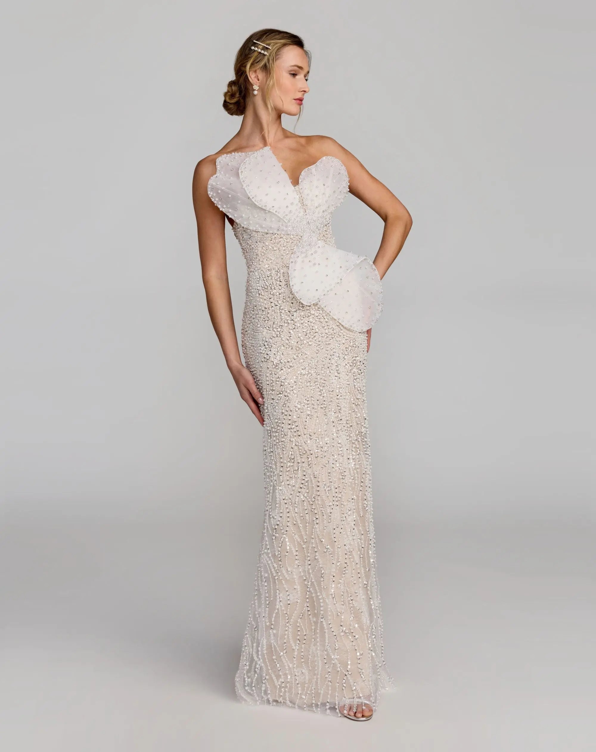 Strapless Embellished Column Gown With 3D Petals