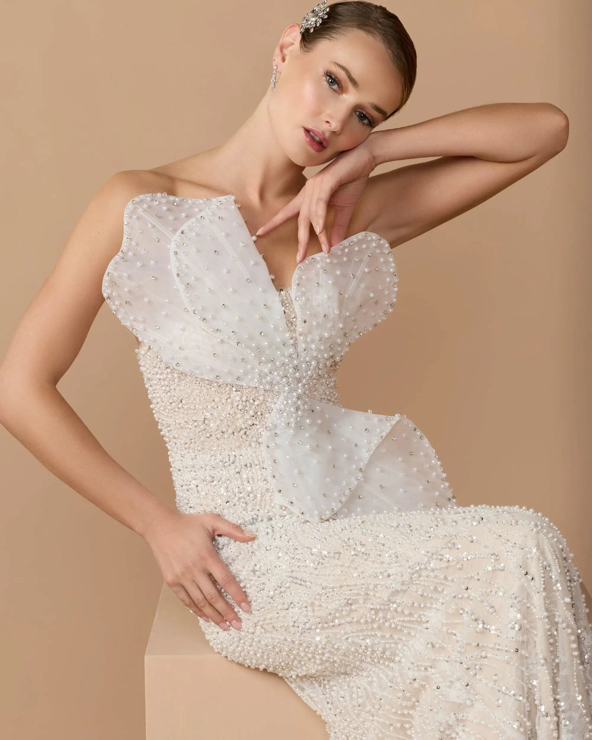 Strapless Embellished Column Gown With 3D Petals
