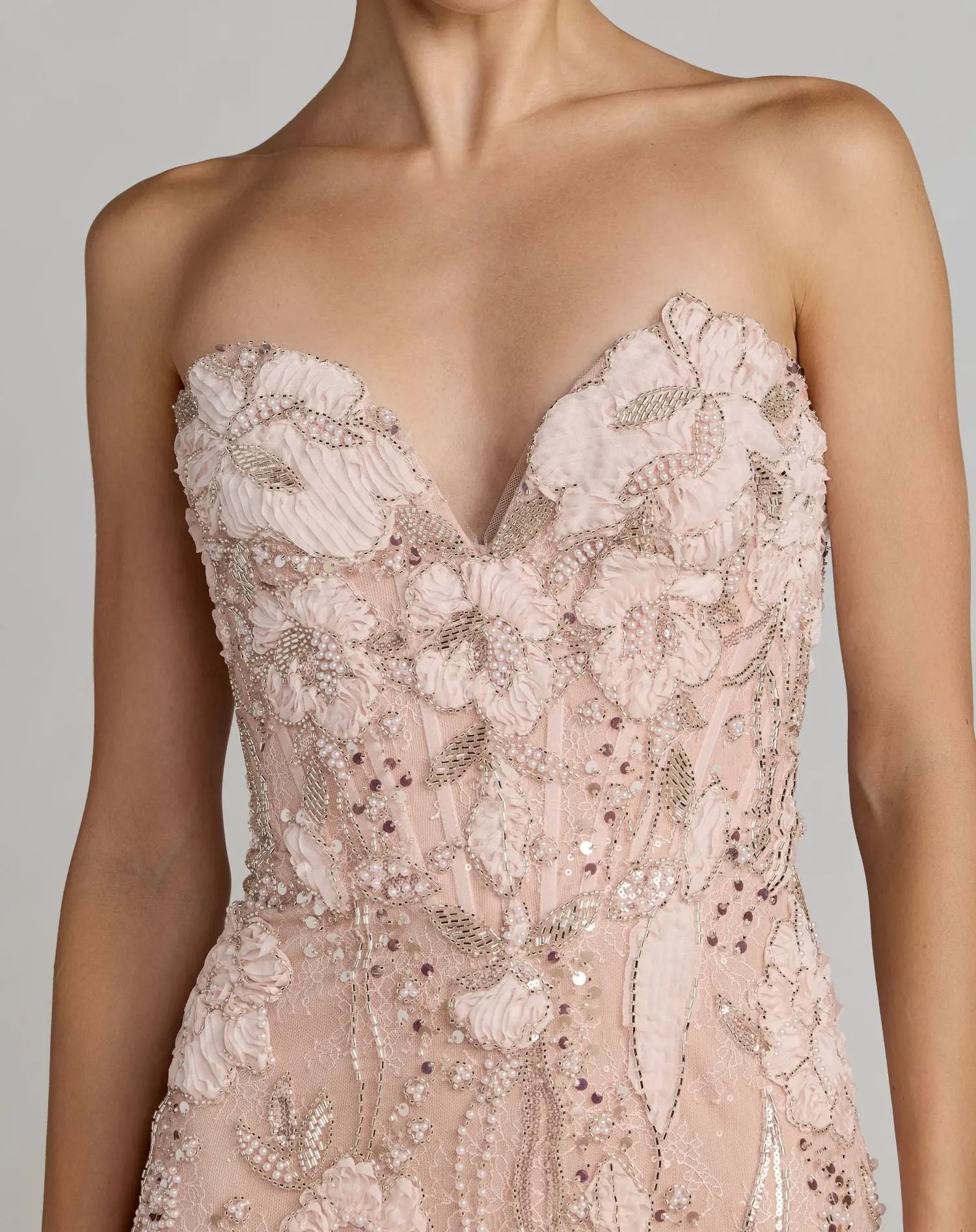 Pink Embellished Lace Strapless Sweetheart Gown