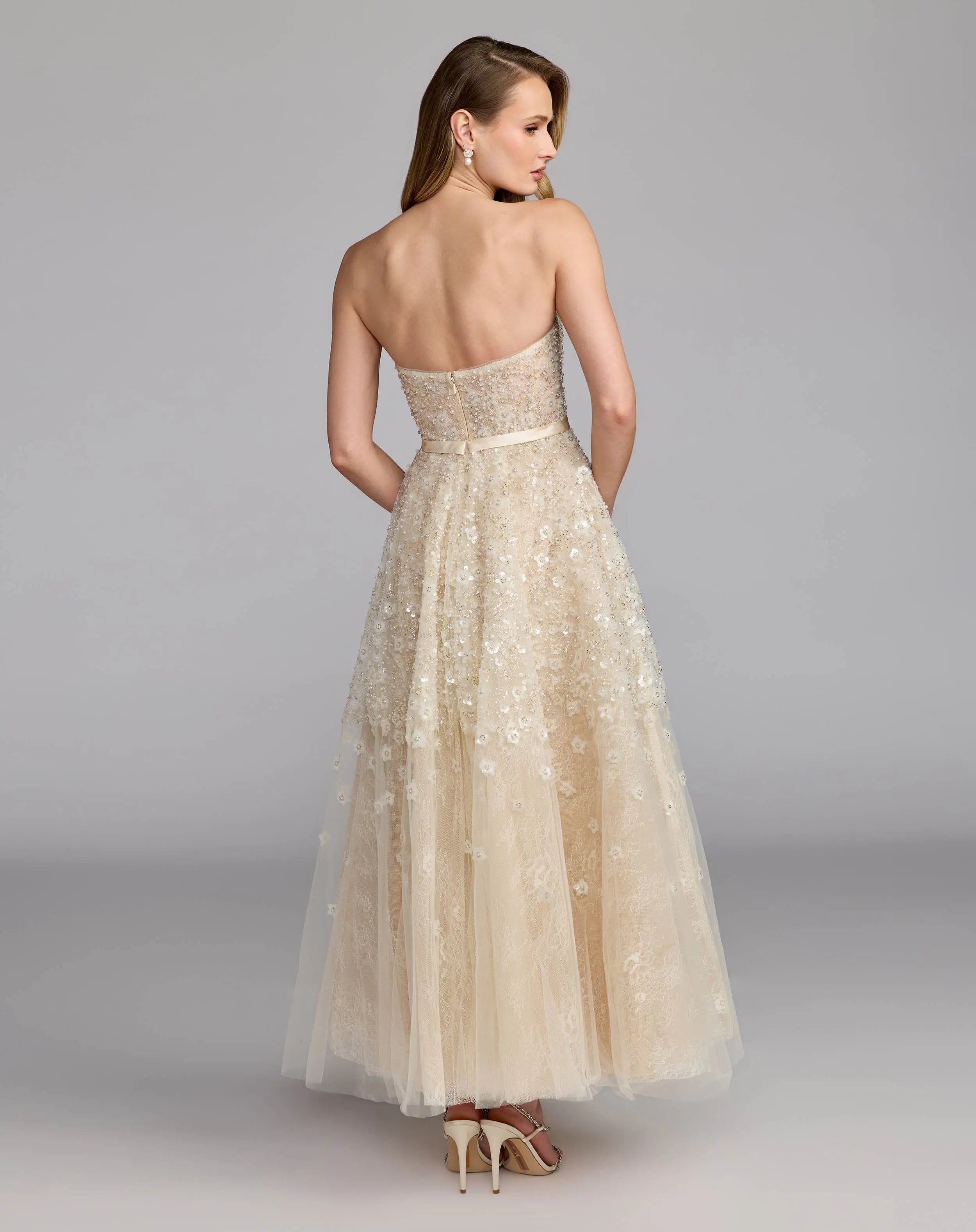 Ivory Strapless Embellished Lace A-Line Midi Dress
