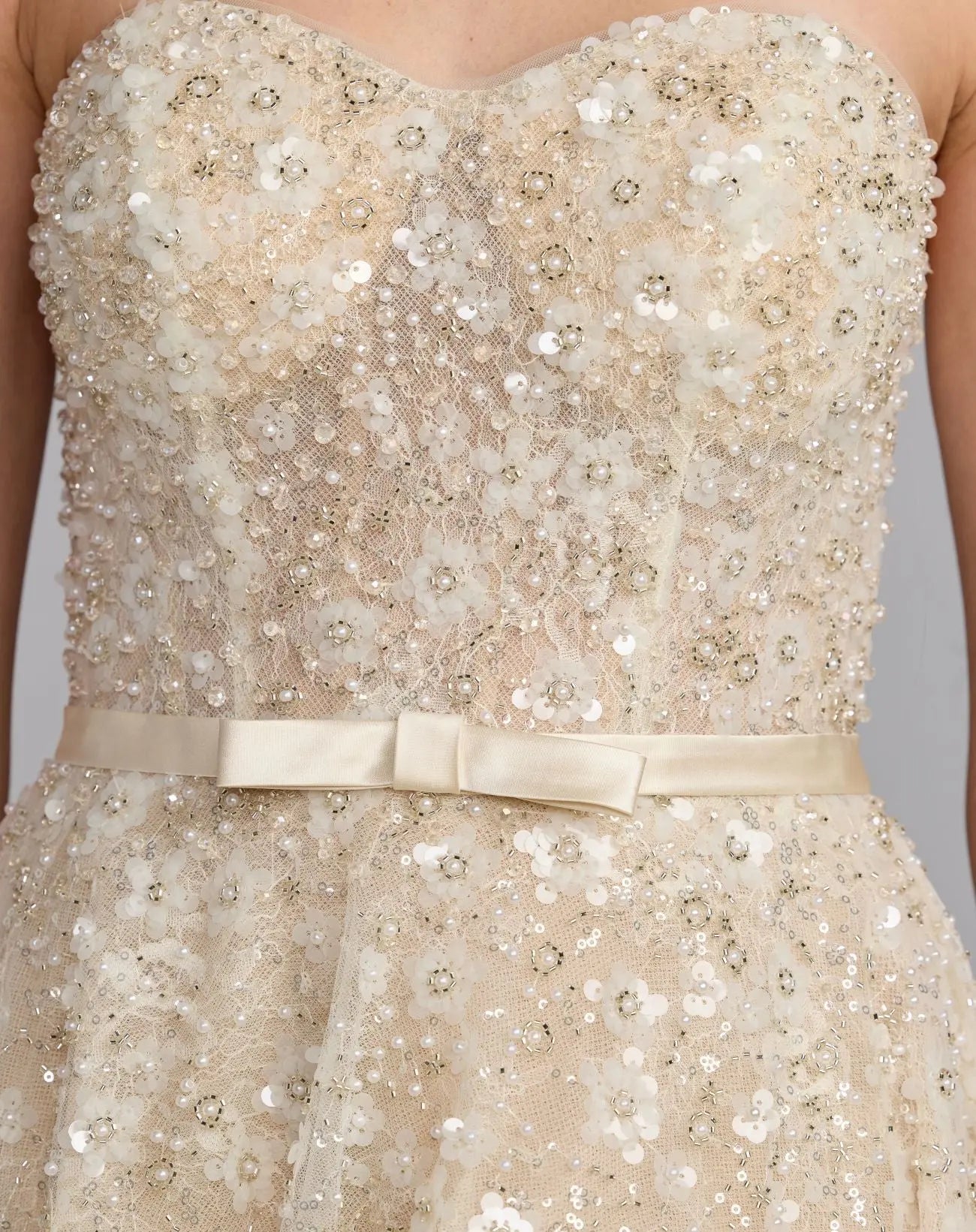 Ivory Strapless Embellished Lace A-Line Midi Dress