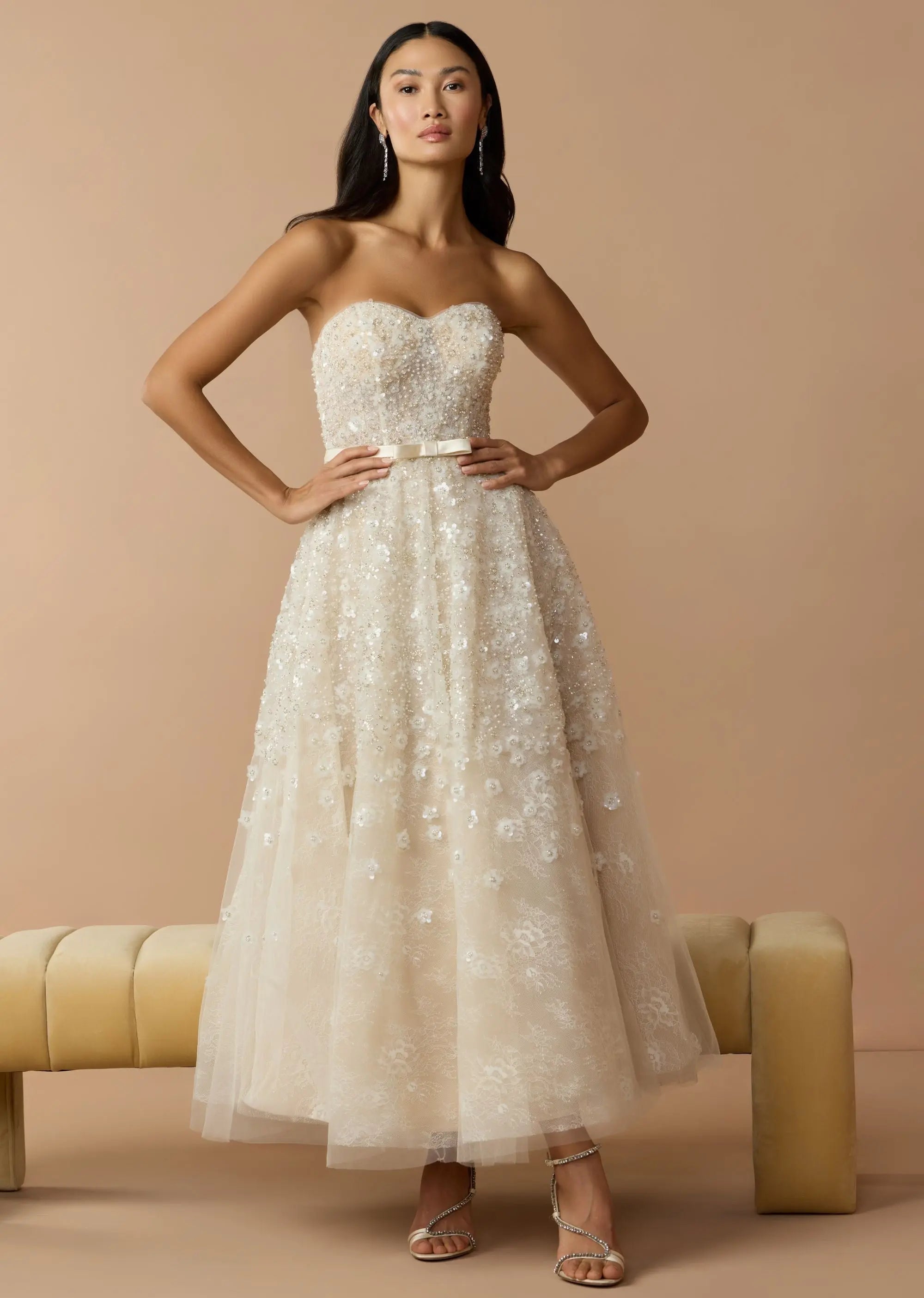 Ivory Strapless Embellished Lace A-Line Midi Dress