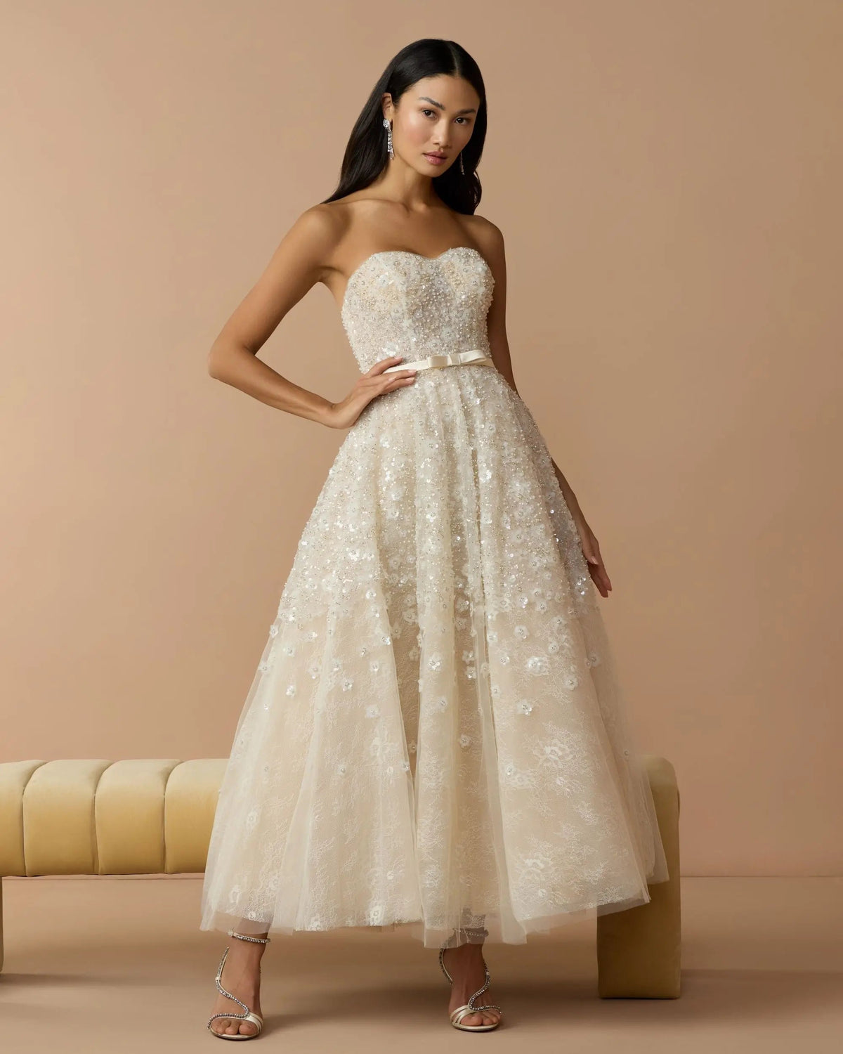 Ivory Strapless Embellished Lace A-Line Midi Dress