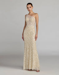 Beige Embellished One Shoulder Column Gown