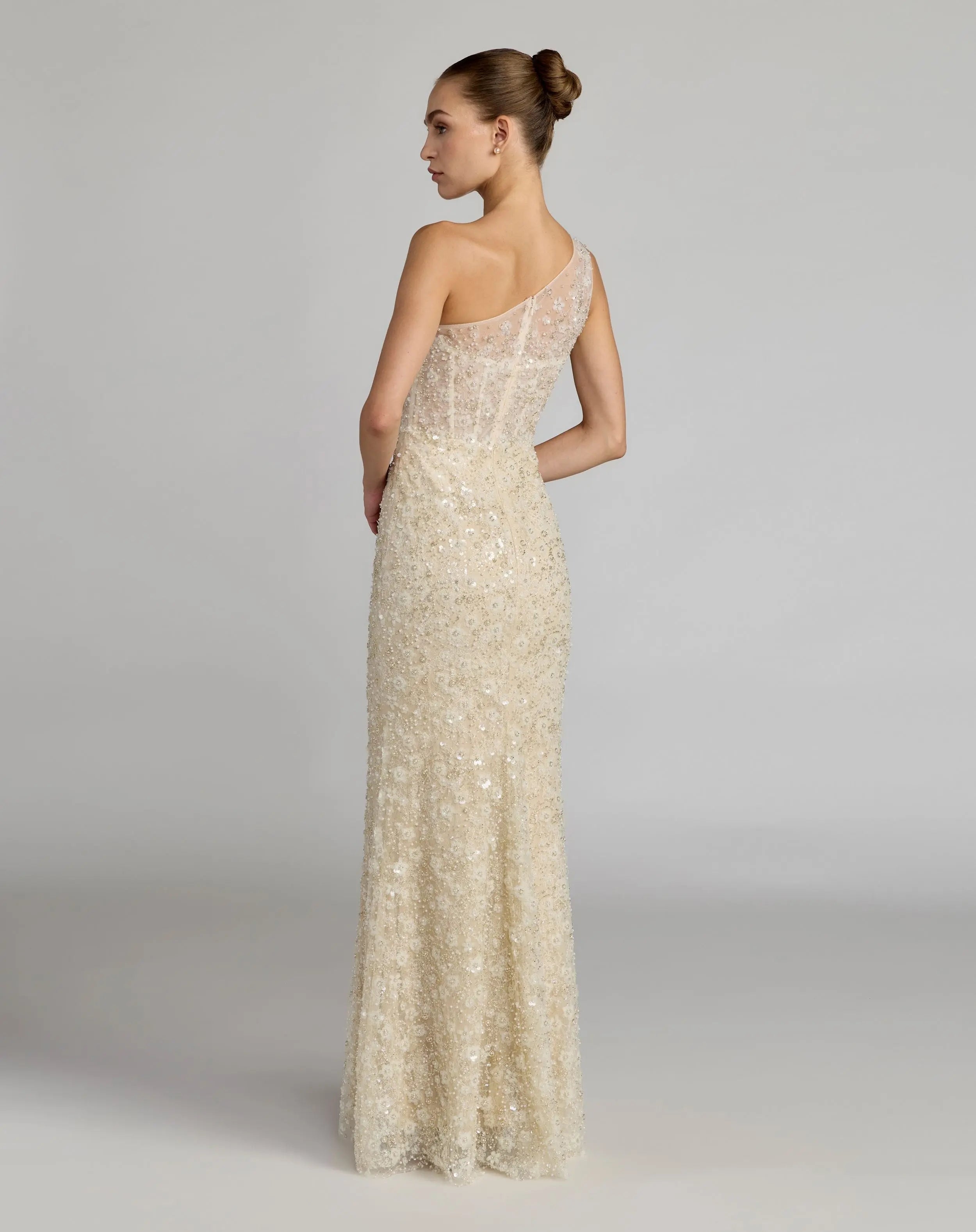 Beige Embellished One Shoulder Column Gown