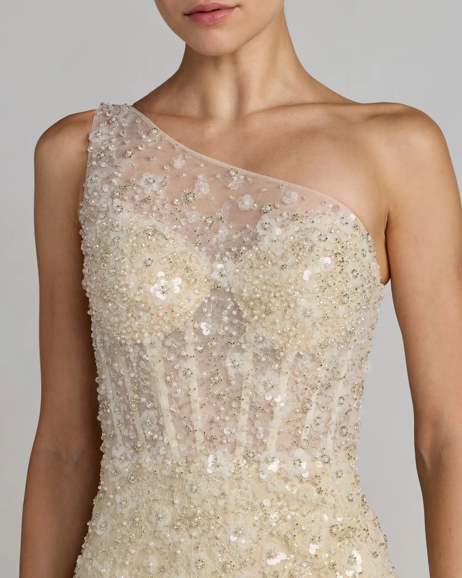Beige Embellished One Shoulder Column Gown