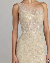 Beige Embellished One Shoulder Column Gown