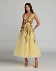 Yellow Embroidered Tulle A-Line Midi Dress