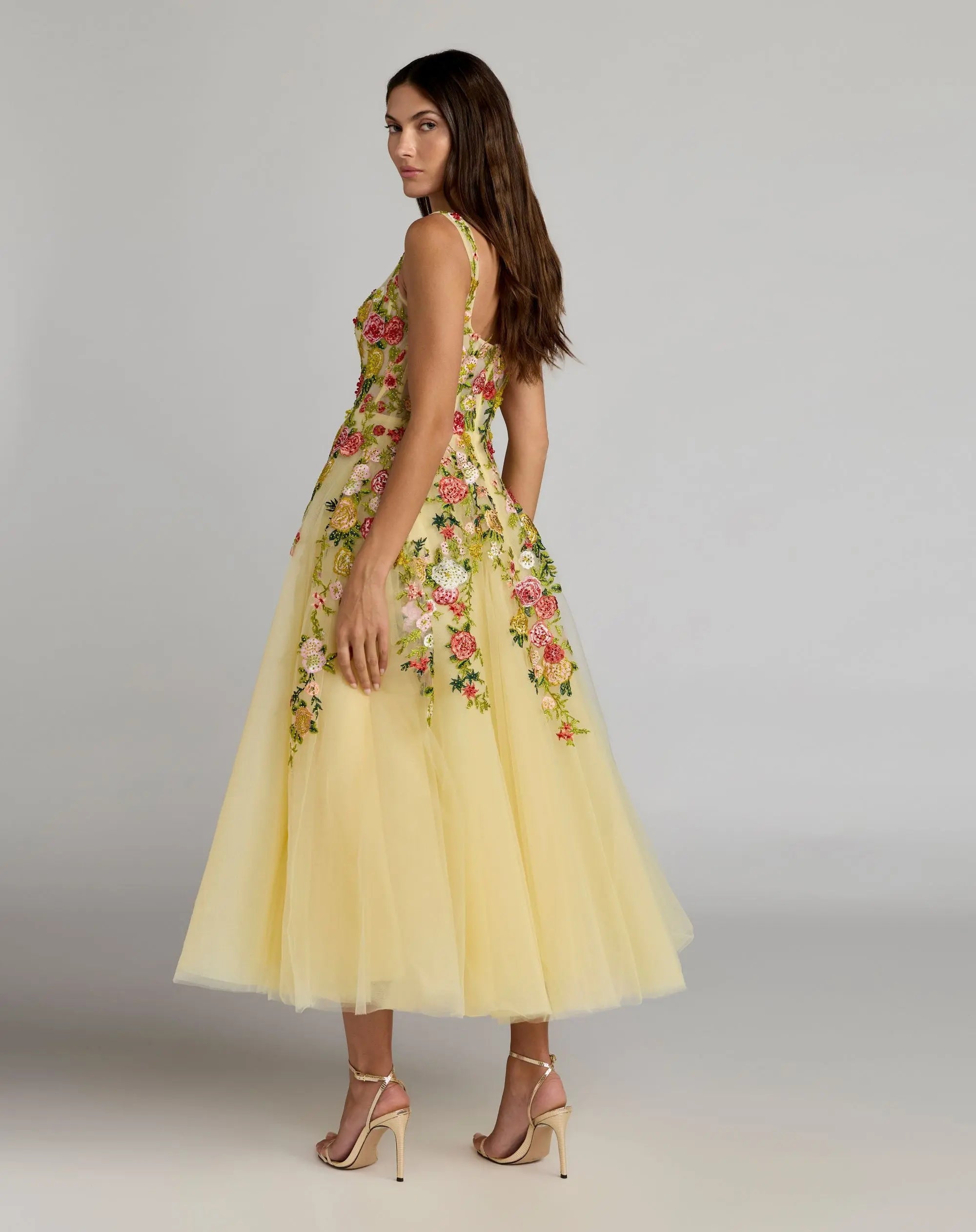 Yellow Embroidered Tulle A-Line Midi Dress