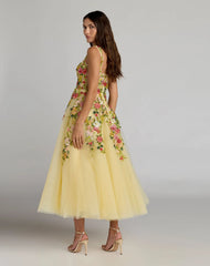 Yellow Embroidered Tulle A-Line Midi Dress