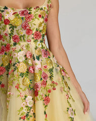 Yellow Embroidered Tulle A-Line Midi Dress