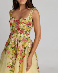 Yellow Embroidered Tulle A-Line Midi Dress