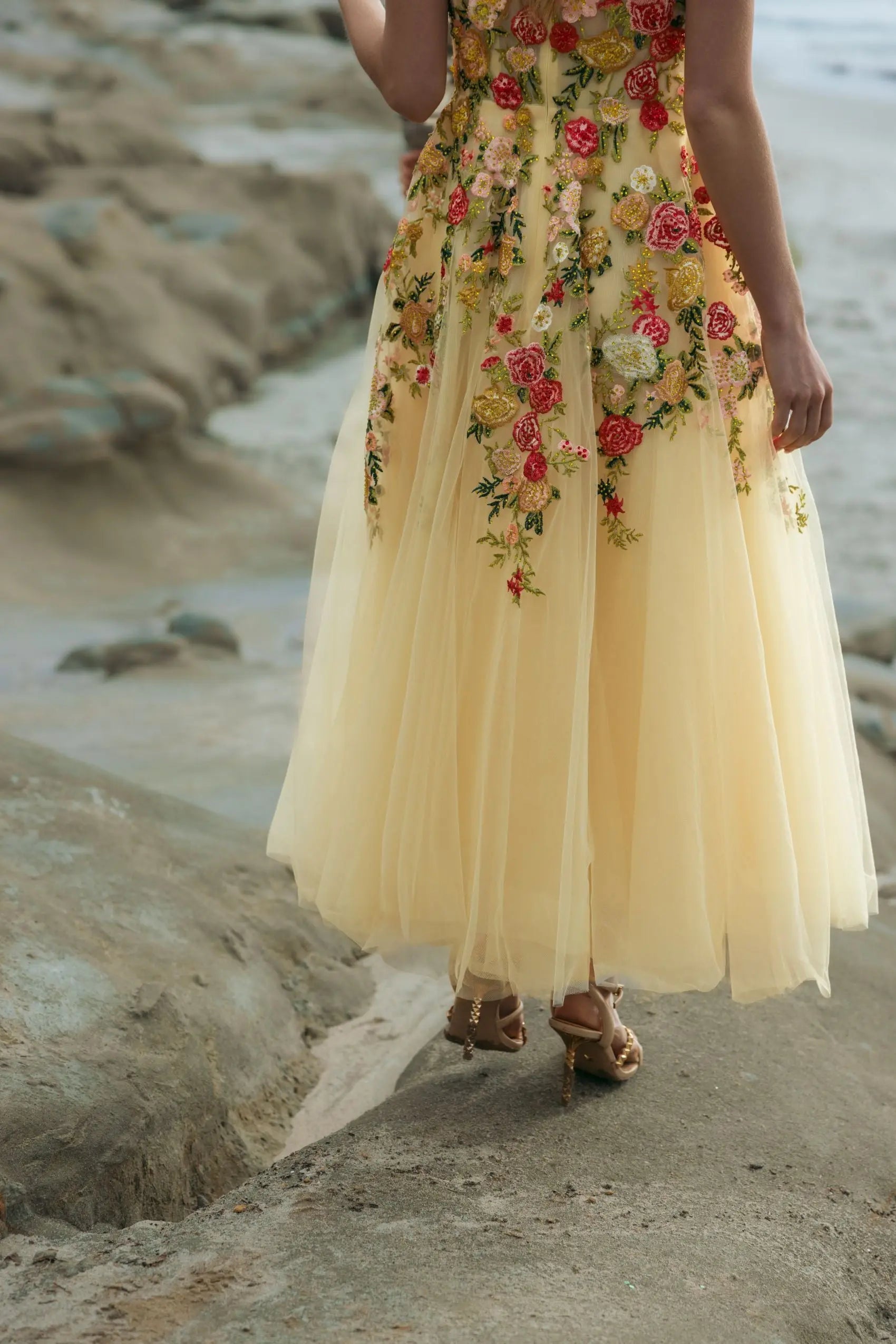 Yellow Embroidered Tulle A-Line Midi Dress