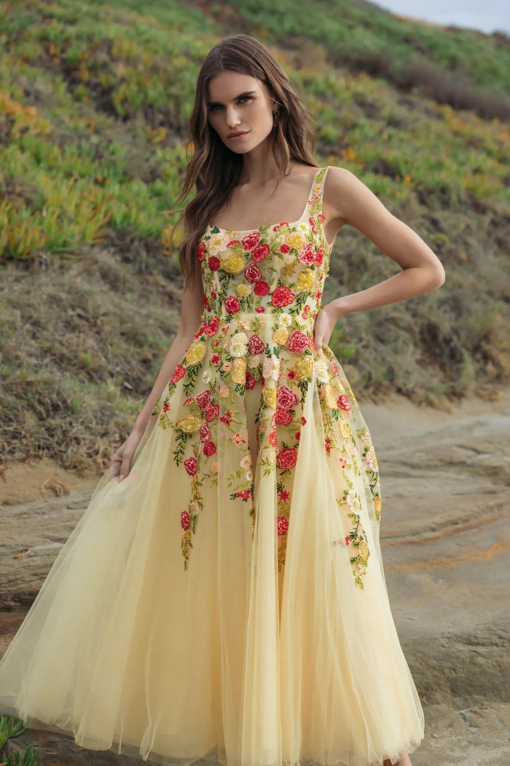 Yellow Embroidered Tulle A-Line Midi Dress
