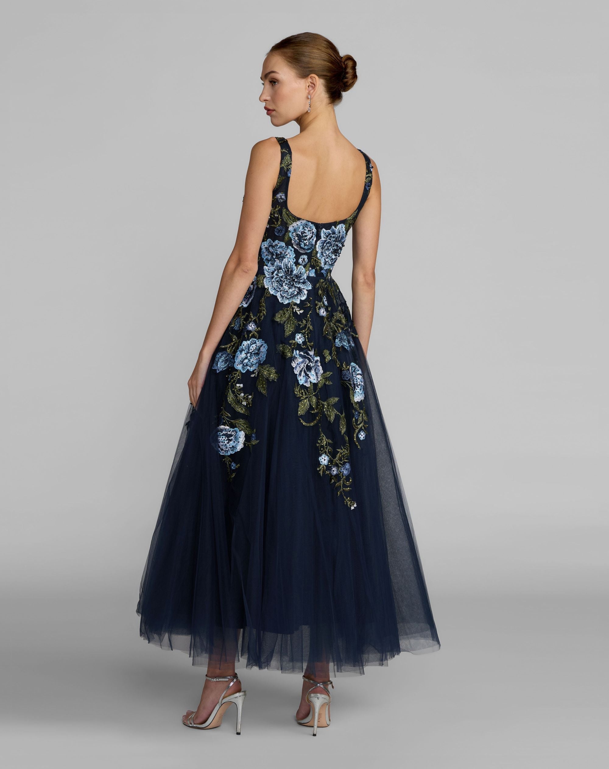 Navy Square Neck Embroidered A-Line Midi Dress