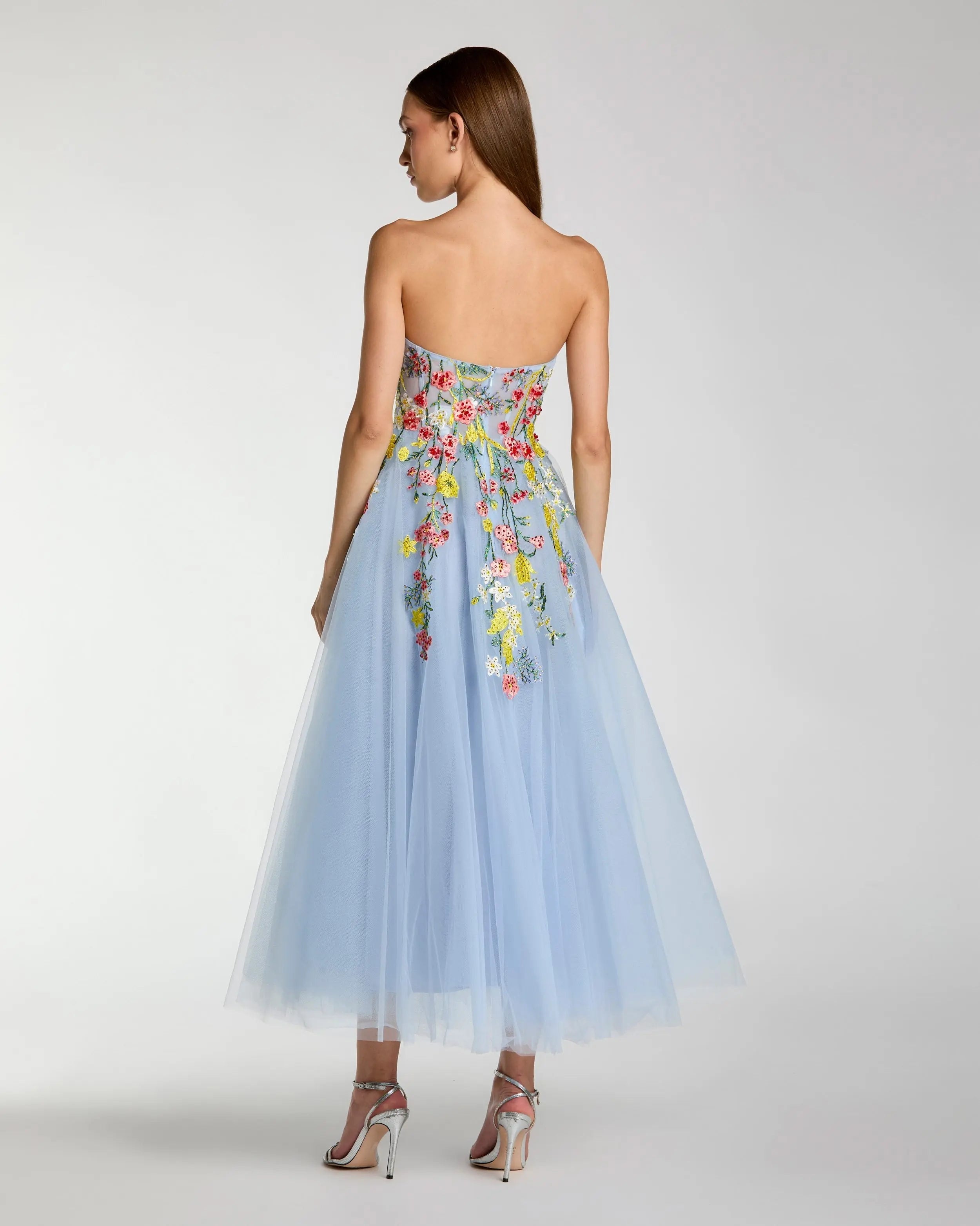 Blue Strapless Floral Embroidered A-Line Midi Dress