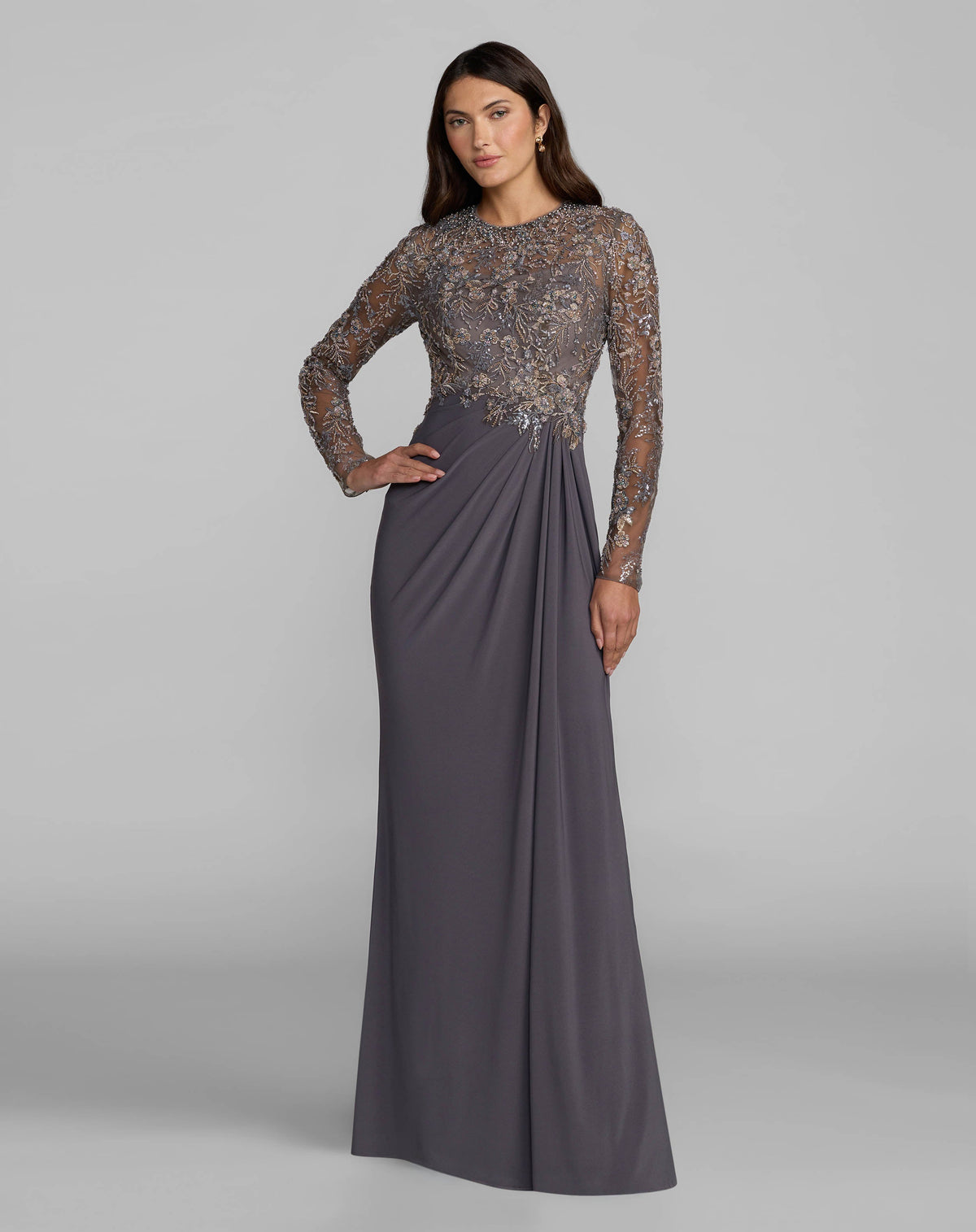 Charcoal Embroidered Long Sleeve Jersey Gown