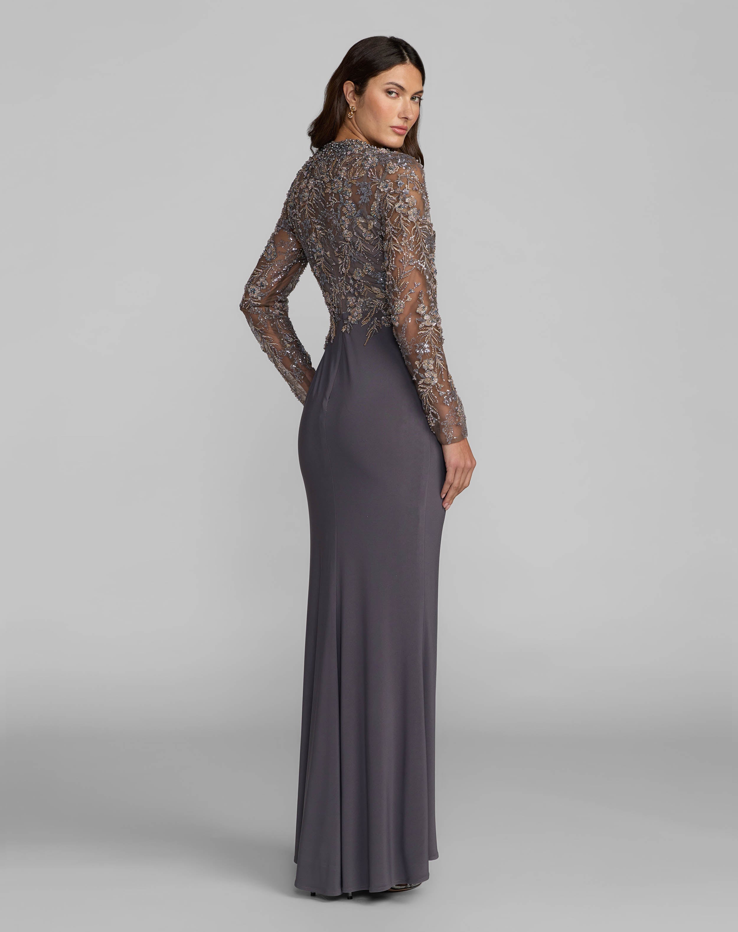 Charcoal Embroidered Long Sleeve Jersey Gown