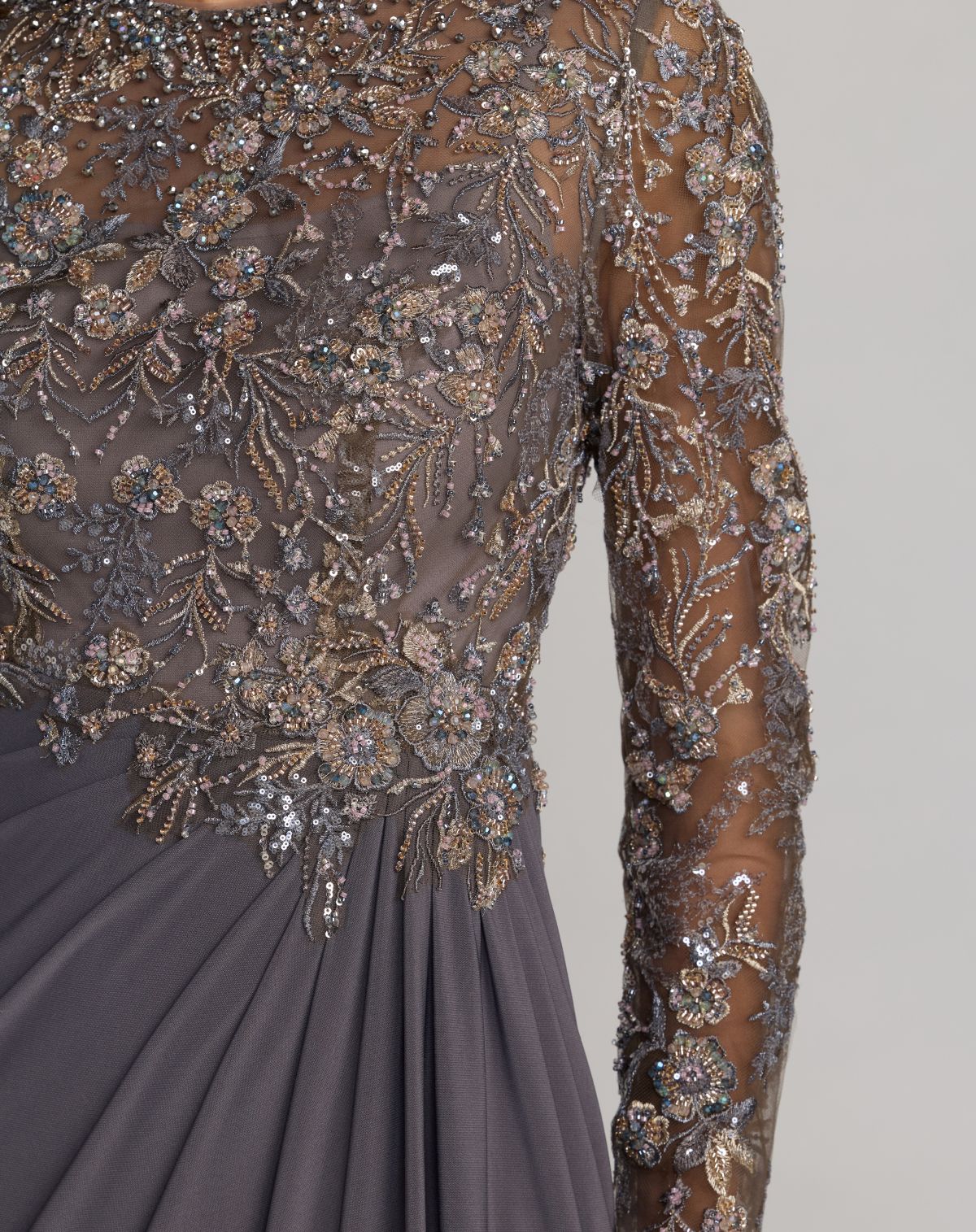 Charcoal Embroidered Long Sleeve Jersey Gown