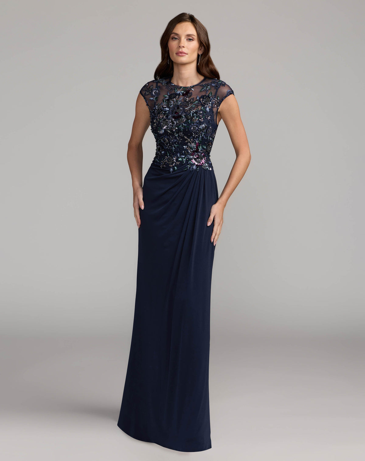 Navy Embroidered Cap Sleeve Jersey Gown
