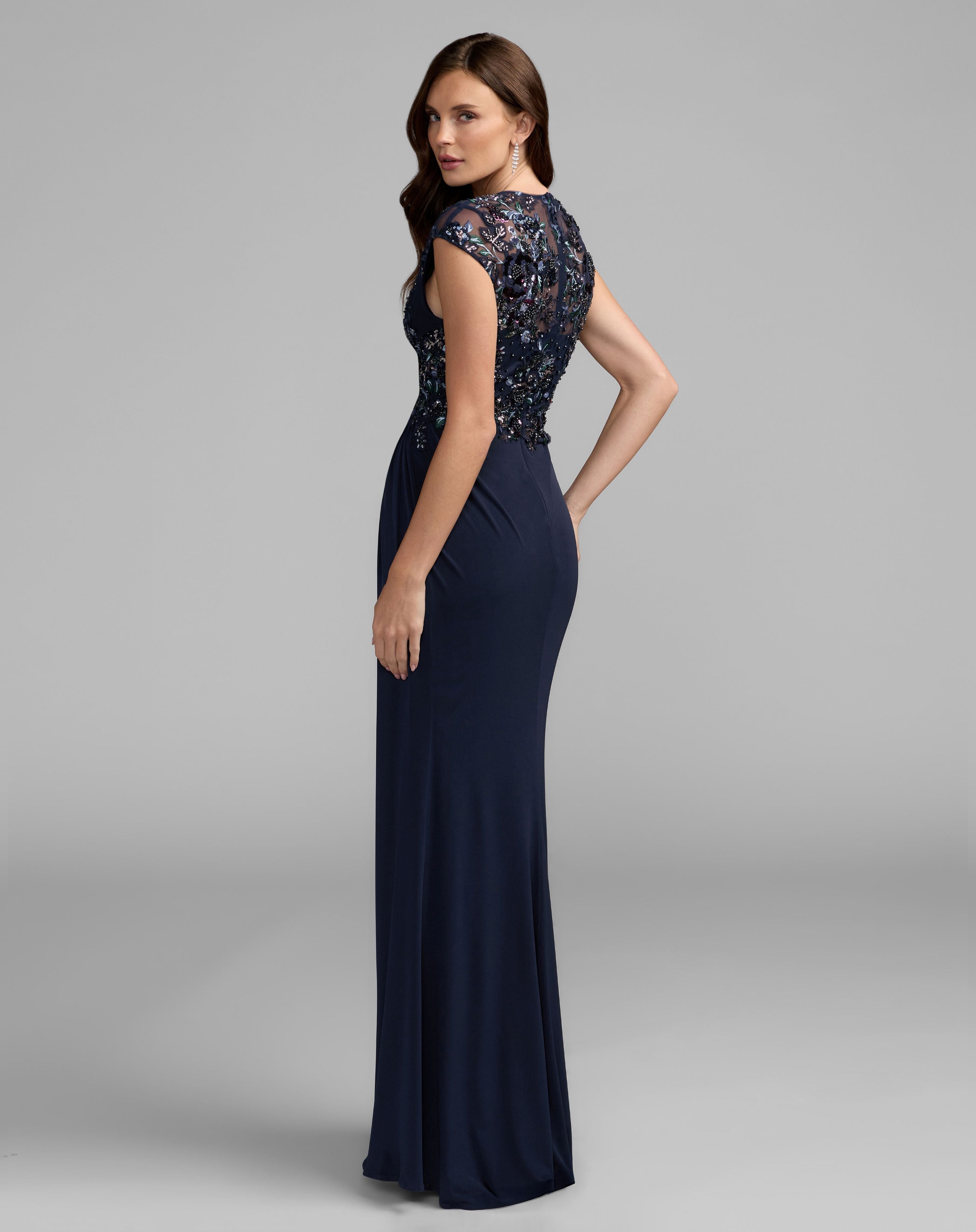 Navy Embroidered Cap Sleeve Jersey Gown