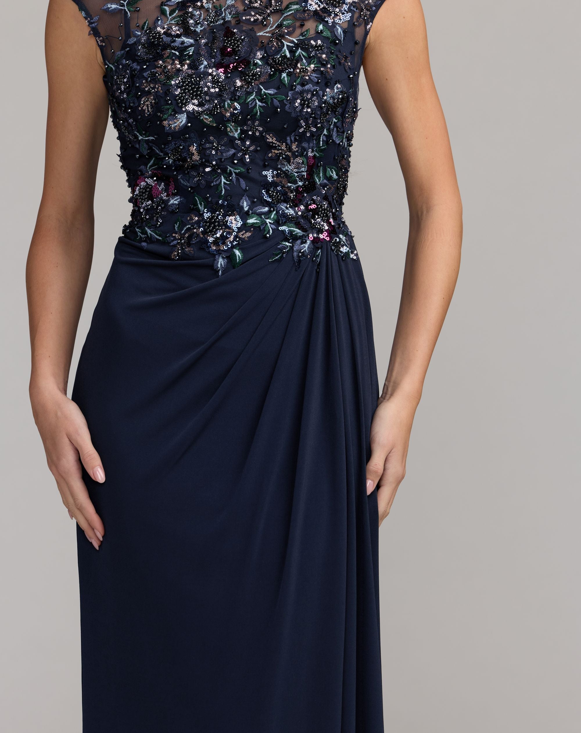 Navy Embroidered Cap Sleeve Jersey Gown