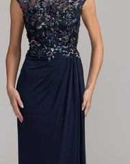 Navy Embroidered Cap Sleeve Jersey Gown