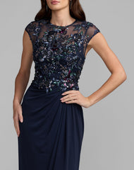Navy Embroidered Cap Sleeve Jersey Gown