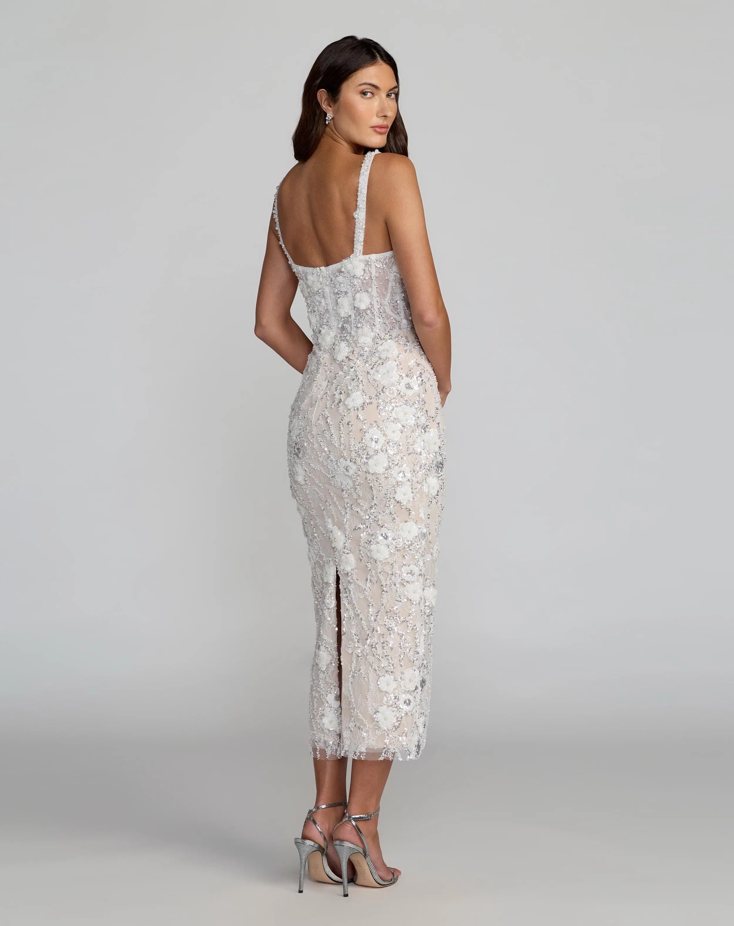 Ivory Embellished Lace Sleeveless Midi Dress