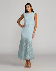Blue Embroidered Hem Sleeveless Midi Dress with Bow