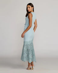 Blue Embroidered Hem Sleeveless Midi Dress with Bow
