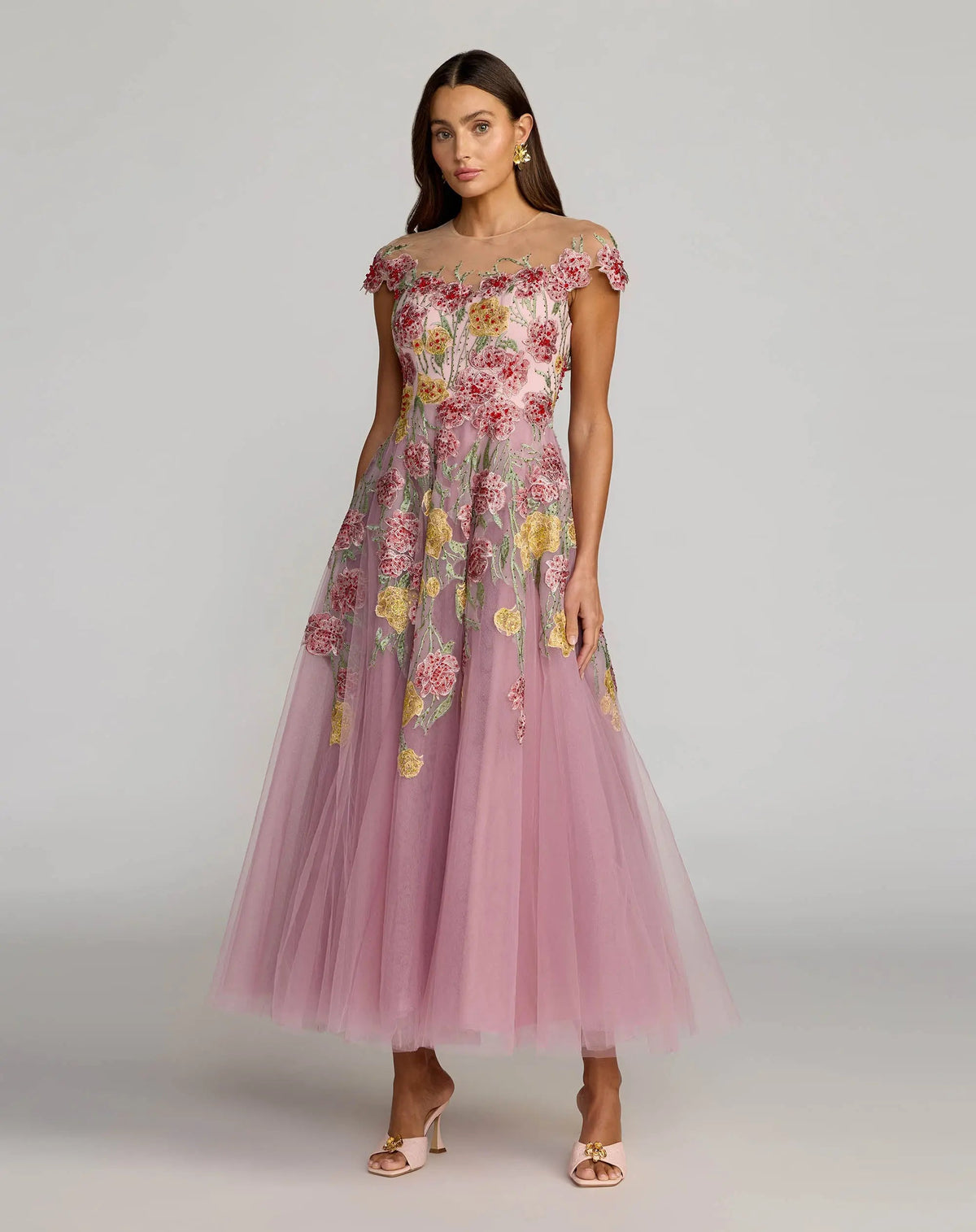 Purple Floral Embroidered Illusion Sweetheart Midi Dress