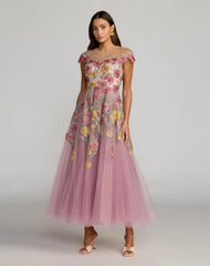 Purple Floral Embroidered Illusion Sweetheart Midi Dress