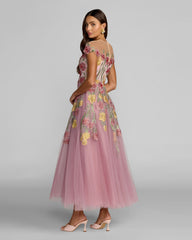 Purple Floral Embroidered Illusion Sweetheart Midi Dress