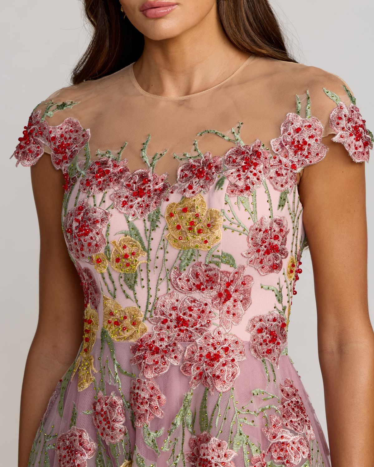 Purple Floral Embroidered Illusion Sweetheart Midi Dress
