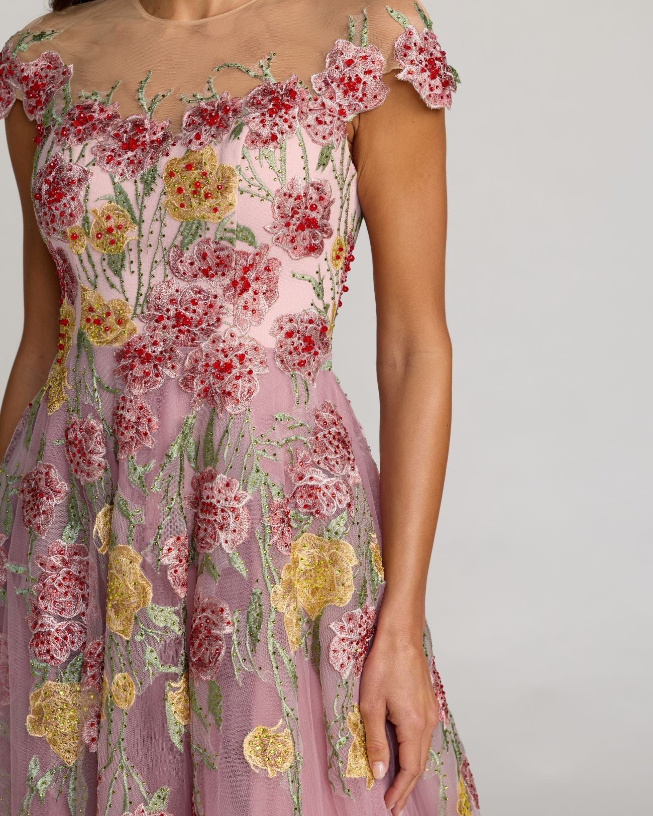 Purple Floral Embroidered Illusion Sweetheart Midi Dress