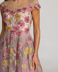 Purple Floral Embroidered Illusion Sweetheart Midi Dress