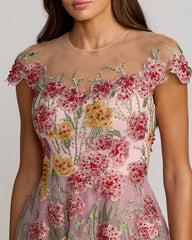 Purple Floral Embroidered Illusion Sweetheart Midi Dress