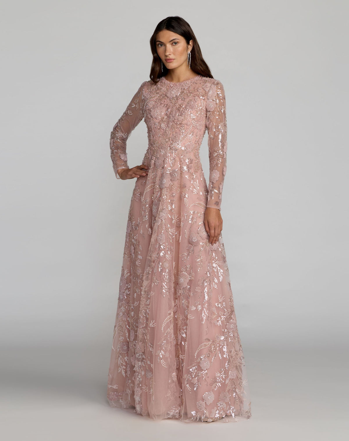 Pink Embellished Long Sleeve Evening Gown