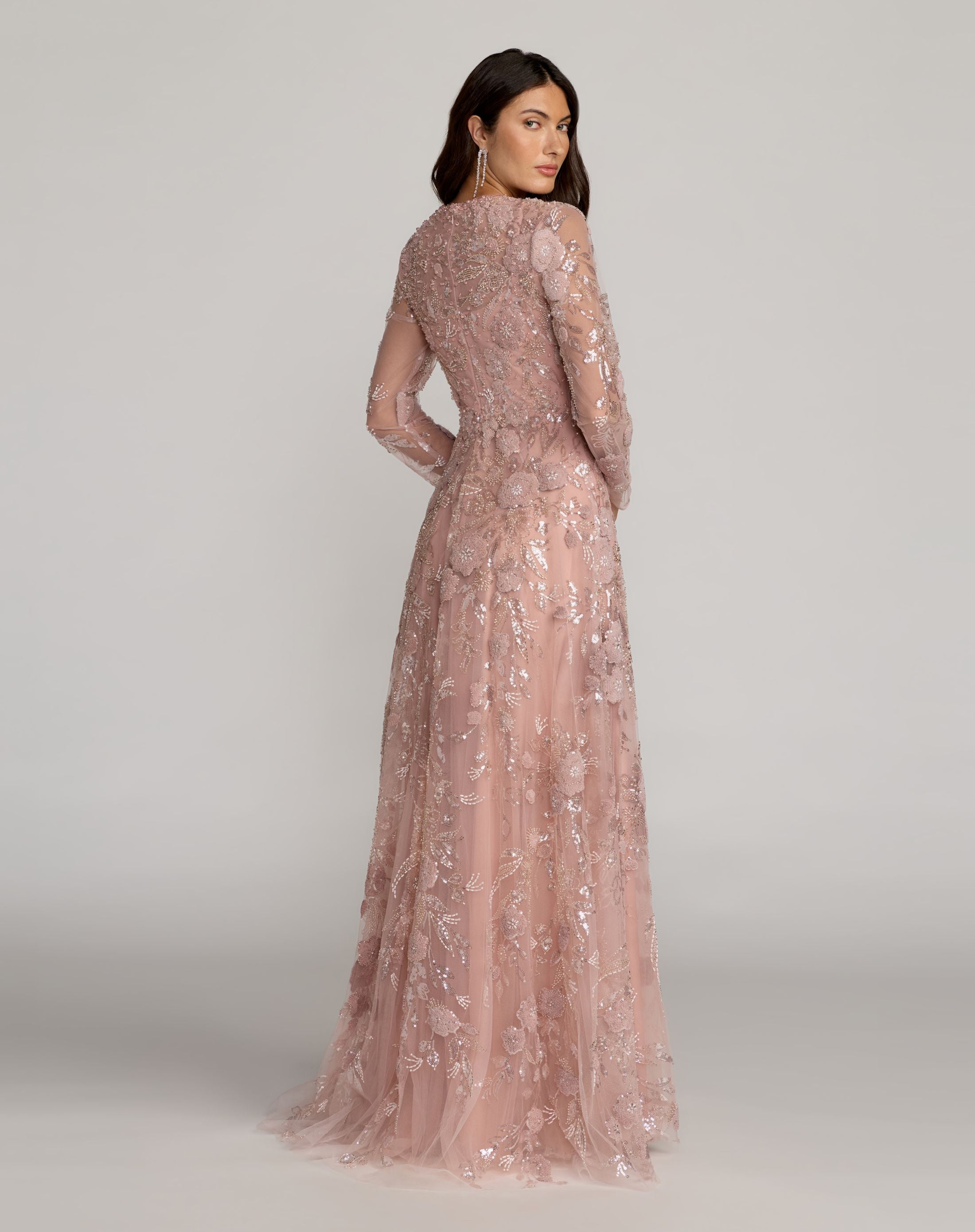 Pink Embellished Long Sleeve Evening Gown