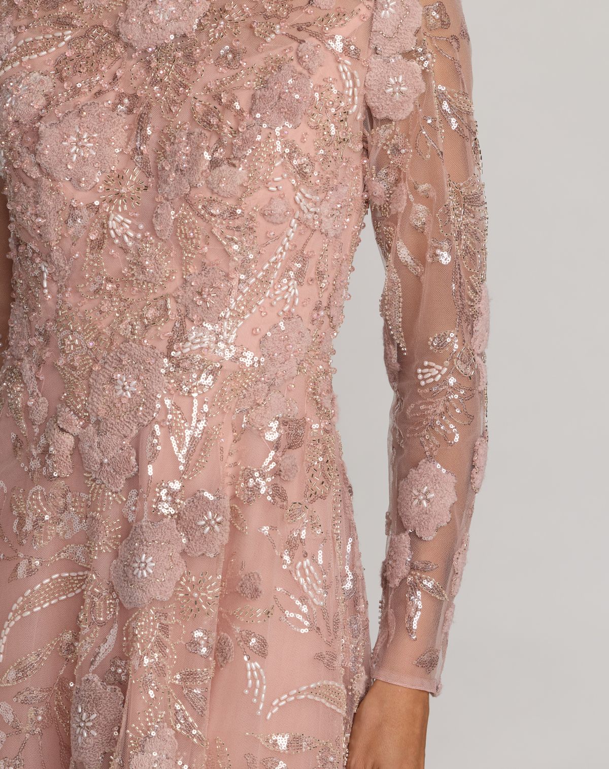 Pink Embellished Long Sleeve Evening Gown