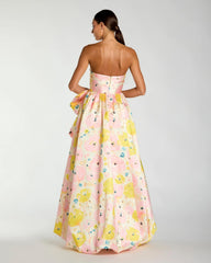 Pink Strapless Floral Ball Gown With Bow