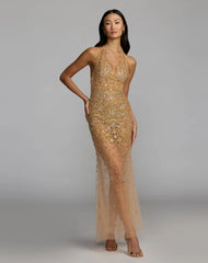 Gold Hand Embellished Open Back Halter Gown