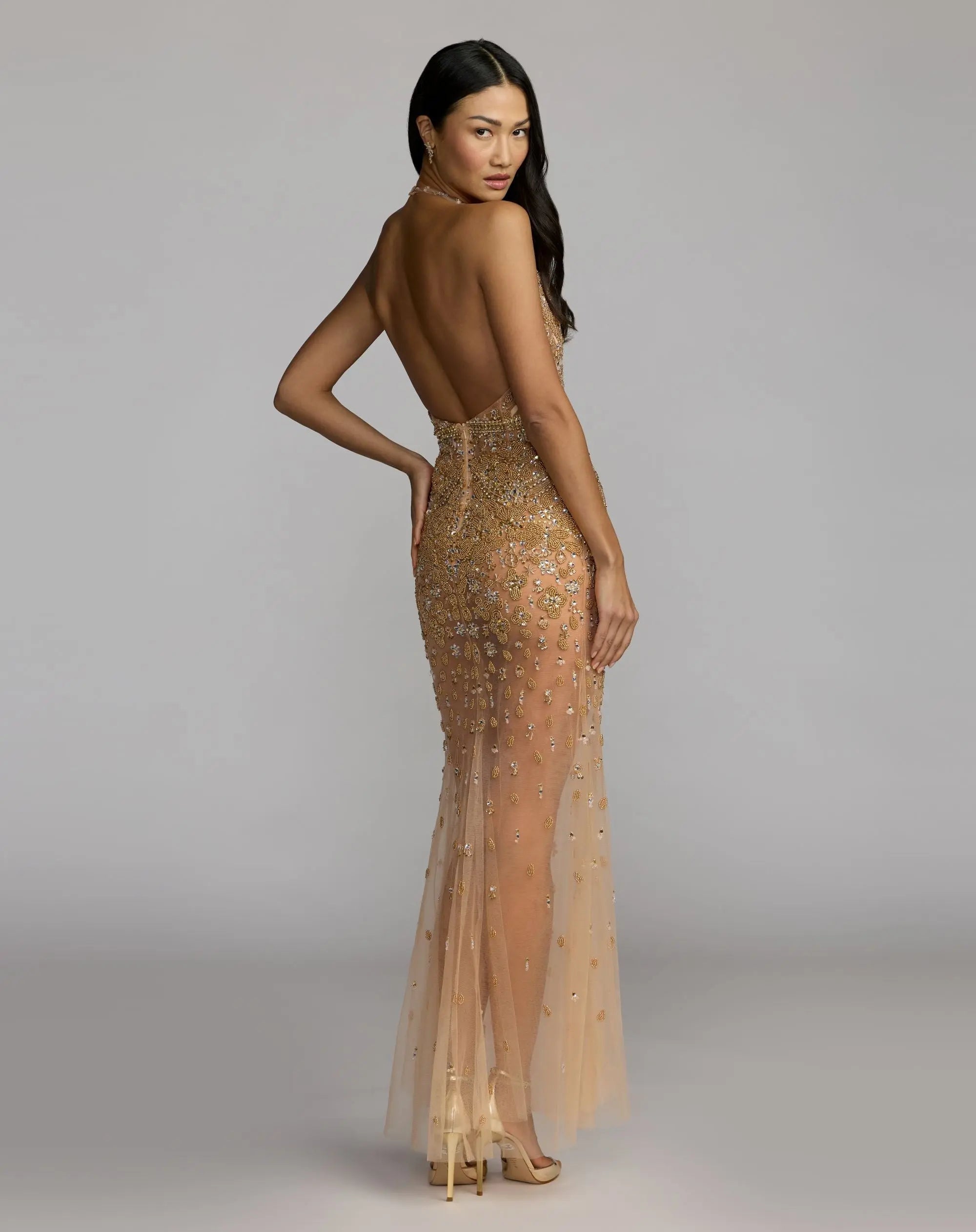 Gold Hand Embellished Open Back Halter Gown