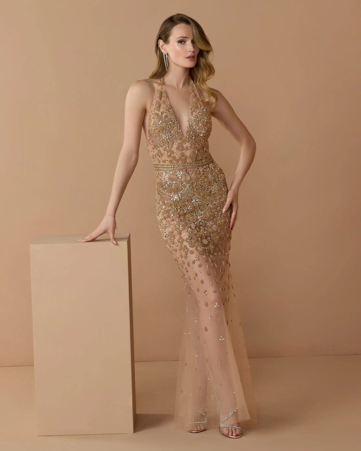 Gold Hand Embellished Open Back Halter Gown