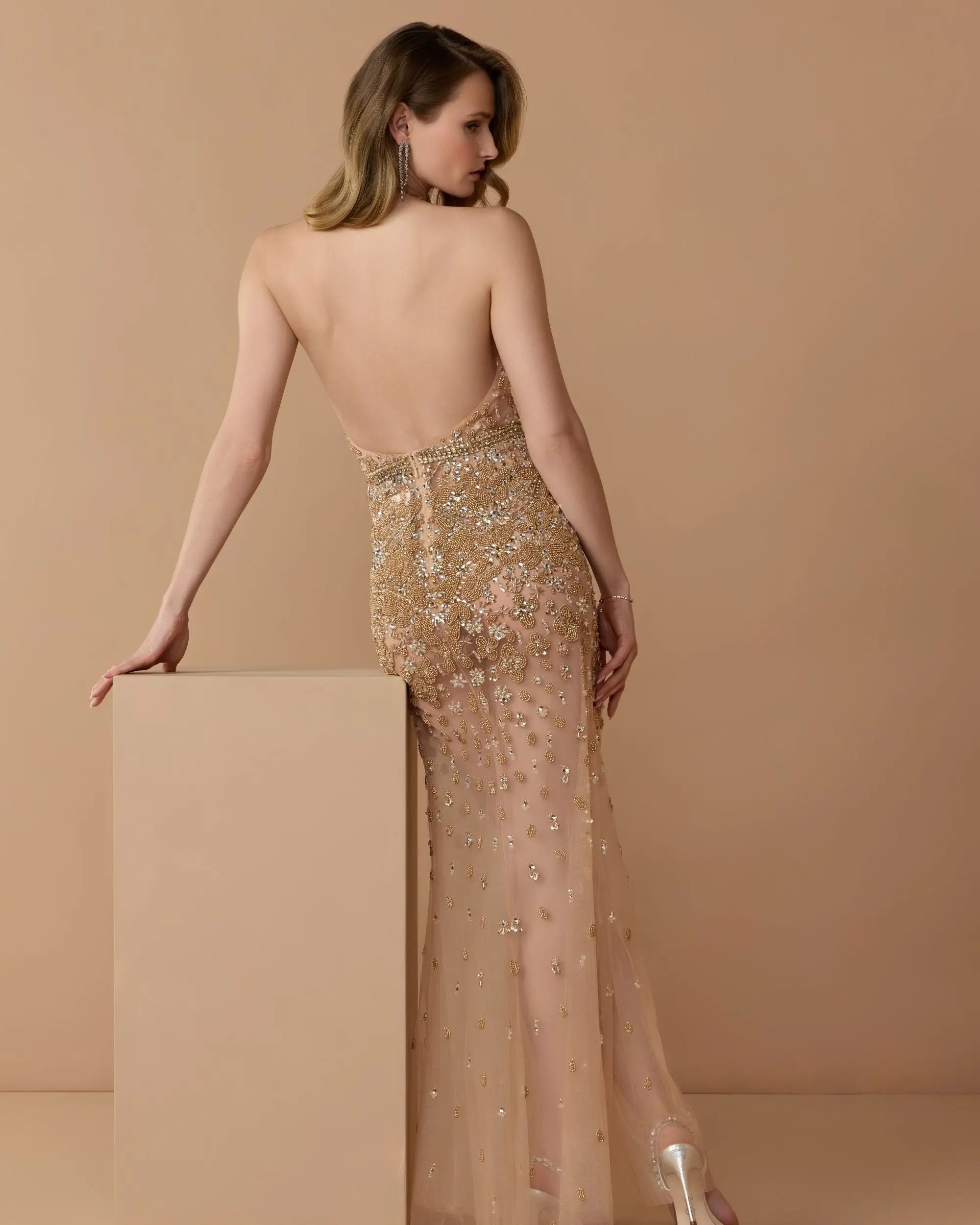Gold Hand Embellished Open Back Halter Gown