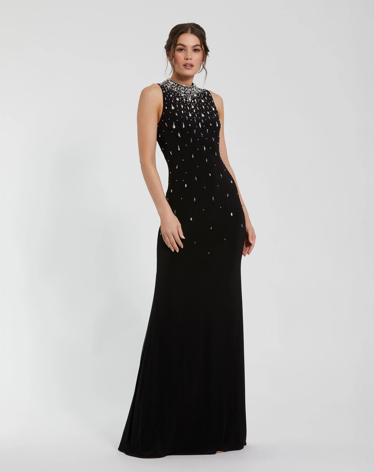 Rhinestone Embellished Sleeveless Crepe Gown