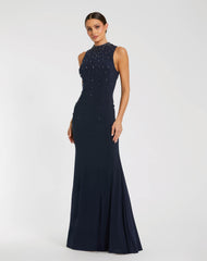 Navy Rhinestone Embellished Sleeveless Crepe Gown