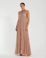 Sleeveless Halter Neck Embellished Trapeze Gown