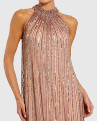 Pink Sleeveless Halter Embellished Trapeze Gown